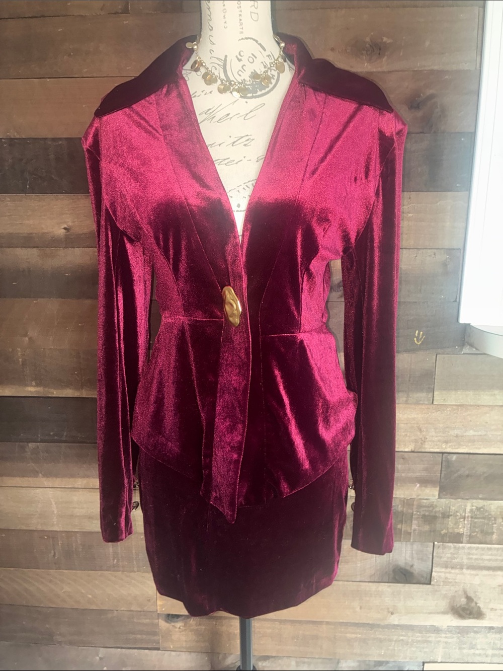 Women's Deep Wine Velvet Blazer Jacket with Single Gold Button